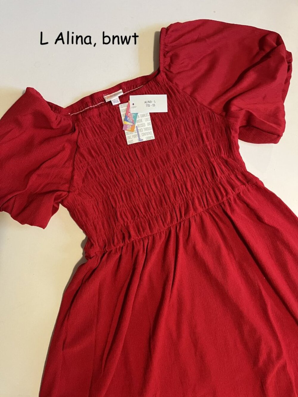 Large Lularoe Alina balloon sleeved smocked dress, red